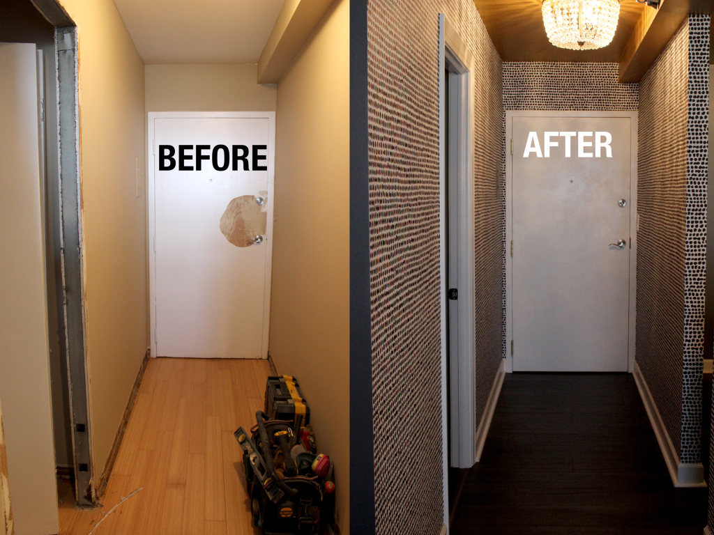 BEFOREAFTER hallway 1024x768 Bold and Modern Entire Apartment Remodel in Atlanta High Rise wallpaper installation uncategorized featured work ceiling remodeling ceiling painting  