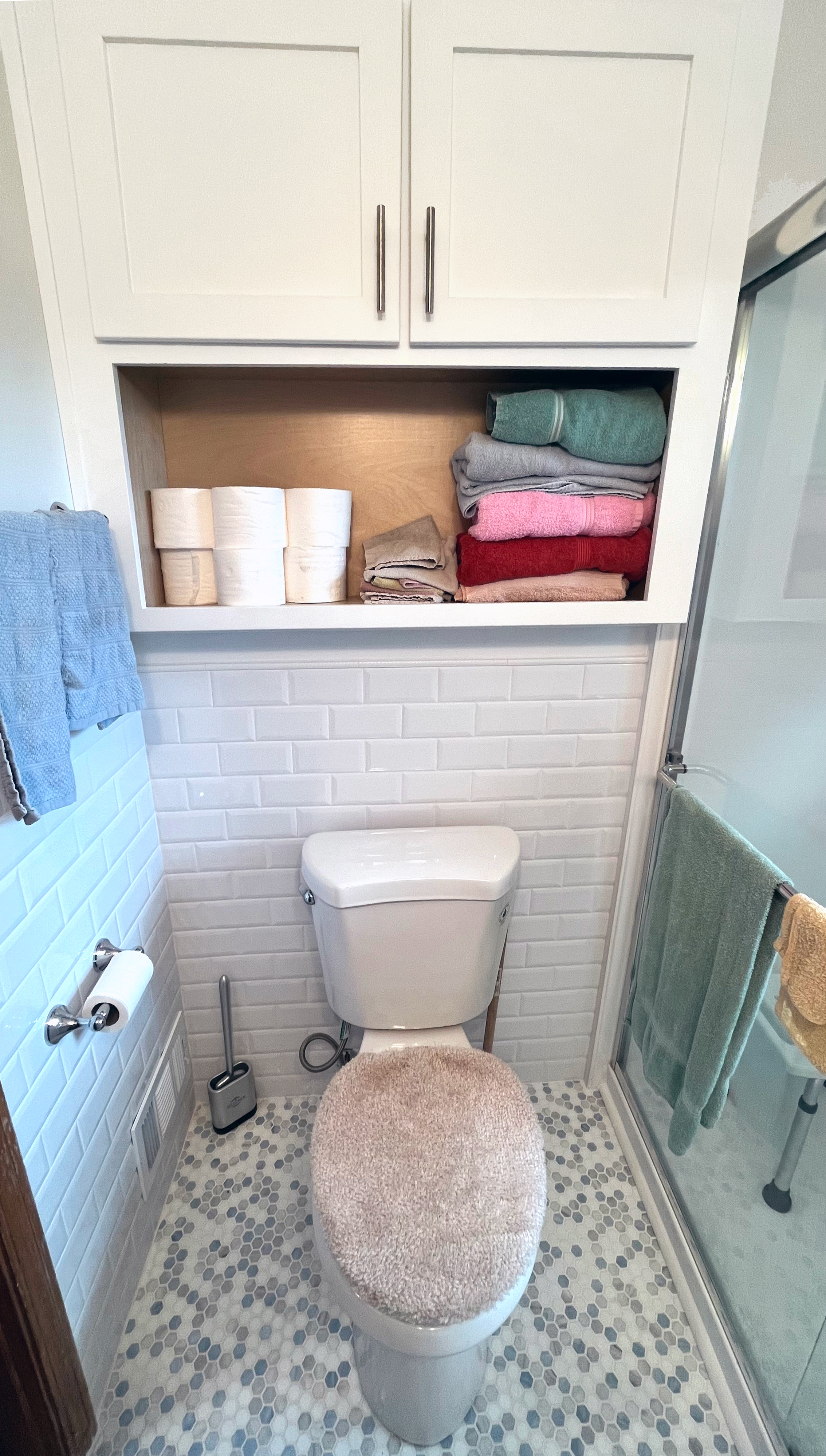 Custom Over the toilet cabinet, bathroom shelving